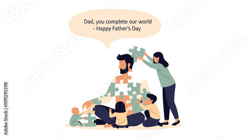 Father's Day Puzzle: A tender illustration depicts a family united, completing a puzzle that forms the shape of a father figure, symbolizing the importance of paternal love. 