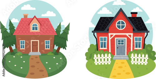 Charming Cartoon Houses Illustration Set Featuring Cozy Cottage Homes with Garden, Fence, and Scenic Landscape for Real Estate, Neighborhood, and Kids Design