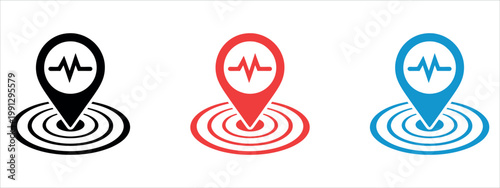 Professional Earthquake Seismic Activity Location Icon Set for Natural Disaster Monitoring and Geology Concept Vector Illustration.