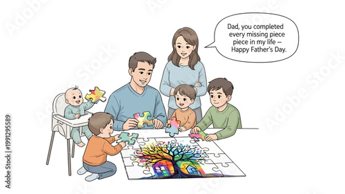 Family Jigsaw: A heartwarming illustration shows a family completing a jigsaw puzzle together, symbolizing unity and completeness, accompanied by a special Father's Day message.