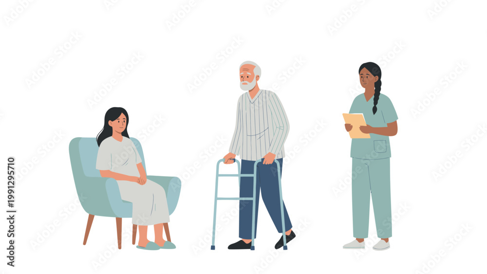 Obraz premium Healthcare Support Illustration: Nurse, Elderly Man with Walker, and Patient. Senior Care & Recovery Concept.
