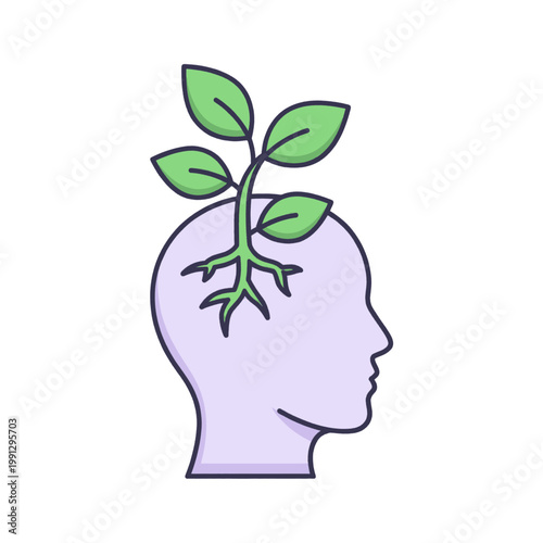 Bild auf Leinwand Illustration of a plant growing out of a human head, symbolizing growth, ideas, and new beginnings