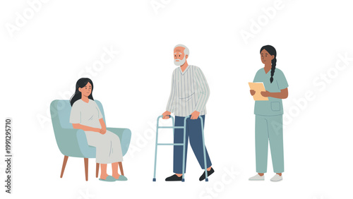 Healthcare Support Illustration: Nurse, Elderly Man with Walker, and Patient. Senior Care & Recovery Concept.