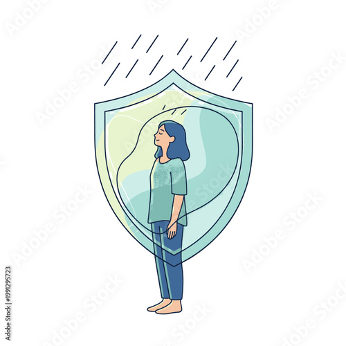 Woman protected by a shield from rain, symbolizing safety and resilience.