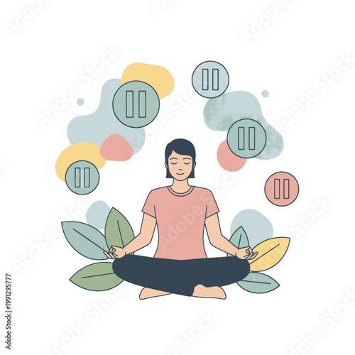 Woman meditating peacefully with pause symbols representing taking a break and finding inner calm.