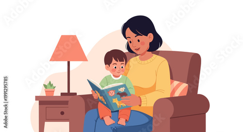 A mother sitting in an armchair and reading a storybook to her young son.