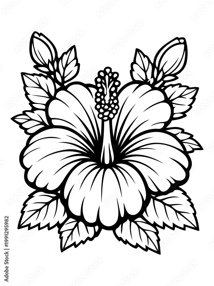Obraz premium Hibiscus Blossom in Detail: The image presents a meticulously crafted hibiscus flower, showcasing its intricate details with a focus on its petals, pistil, and surrounding foliage.