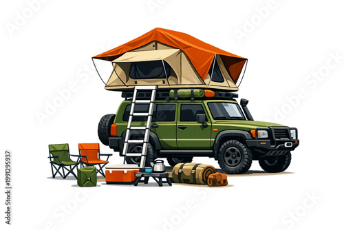 camping vehicle rooftop tent, camper car with rooftop tent, overland camping vehicle, off road camper illustration, rooftop tent vehicle, adventure camping car, outdoor travel vehicle, camper van roof