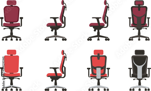 Office chair set with ergonomic designs swivel seats and modern furniture collection workspace illustration isolated on white background