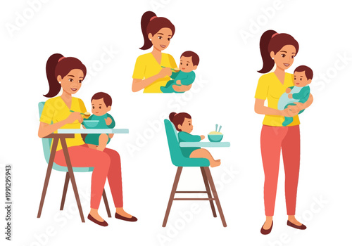 Mother Feeding Baby Vector Illustration Set - Infant Nutrition, High Chair Mealtime, and Parenting Scenes