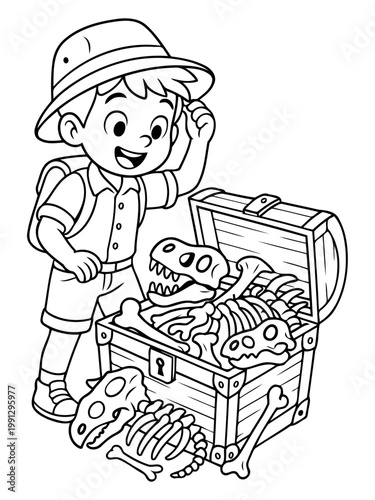 Dino Discovery Adventure: A young explorer discovers a treasure chest brimming with dinosaur fossils, igniting curiosity and wonder.
