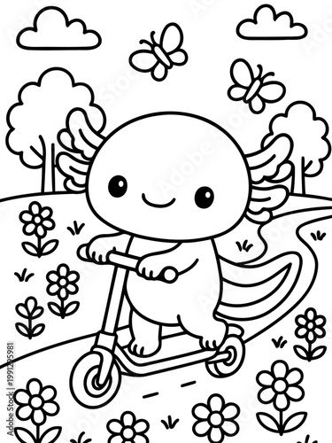 Axolotl Scooter Ride: A delightful cartoon axolotl embarks on a joyful scooter ride along a winding path, with playful butterflies dancing in the air above, creating a whimsical and charming scene.
