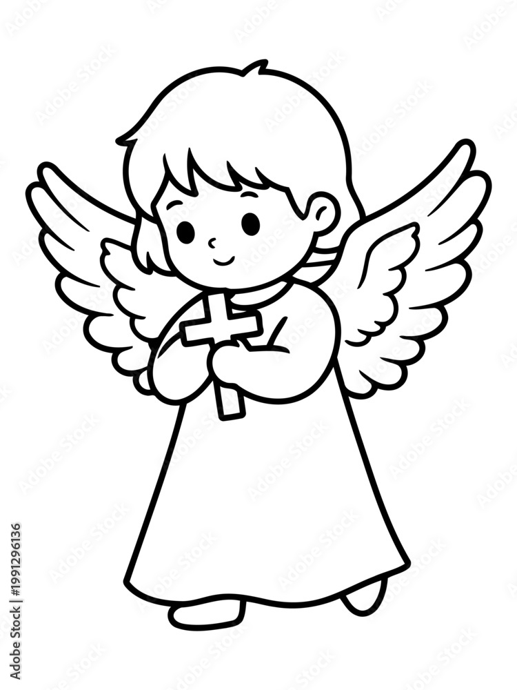 Fototapeta premium Guardian Angel with cross in hands: A serene and heartwarming illustration of a cute guardian angel, cradling a cross in hands and exuding peace and protection.