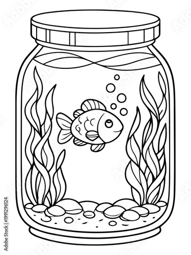 Lonely Goldfish in a Jar: A simple, black and white illustration of a goldfish swimming alone within a glass jar, surrounded by aquatic plants and bubbles, evokes a sense of confinement.