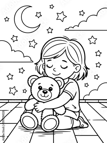 Cozy Embrace: A sweet young girl cuddles her beloved teddy bear, finding comfort and companionship under a starry night sky.