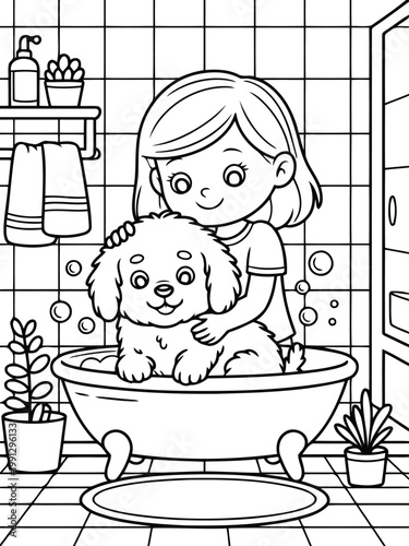 Bathtime Buddies: A sweet young girl tenderly bathes a fluffy, adorable puppy in a cheerful bathroom setting, creating a heartwarming scene of care and companionship.