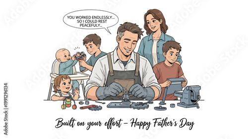 Family's Mechanical Workshop: A father figure, meticulously crafting within a family's personal workshop, surrounded by loving family, a scene of skill, patience, and familial love. 