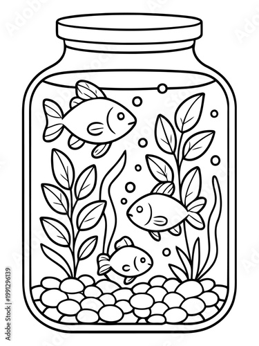 Underwater World in a Jar: A serene illustration showcases three goldfish gracefully swimming amidst aquatic plants and smooth pebbles in a glass jar. A charming glimpse into the underwater world.