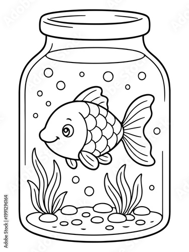 Fish in a Jar: A cute fish swims happily inside a glass jar, with aquatic plants and air bubbles to create an inviting environment. Perfect for children's educational materials.