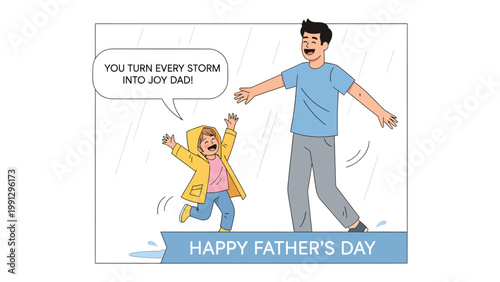 Father's Day Joyful Greeting: a heartwarming scene of a child running towards his father on Father's day. Capturing the essence of a cheerful family moment and the unconditional love
