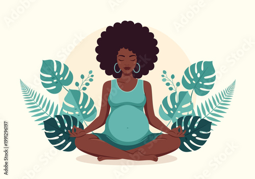 Pregnant Black Woman Meditating in Lotus Pose with Tropical Leaves Background - Minimalist Maternity Wellness Illustration