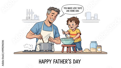 Father-Son Cooking Illustration: A heartwarming illustration captures a father and son bonding in the kitchen, preparing a meal together with smiles and shared joy. 