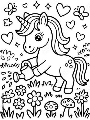 Whimsical Unicorn Watering Garden: A charming illustration depicts a delightful unicorn watering a flourishing garden, evoking a sense of enchantment and creative expression.