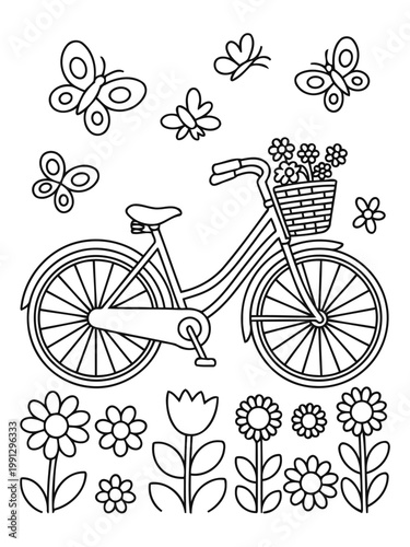 A Whimsical Cycle Ride: A charming illustration depicts a bicycle adorned with a basket of flowers, embraced by a flurry of butterflies and blossoming flowers.