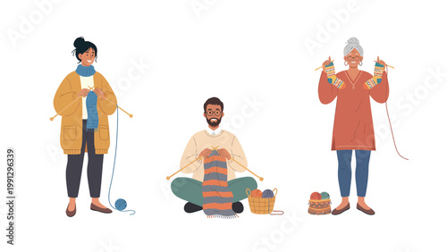 People Knitting and Crocheting. Diverse individuals enjoying yarn crafts, handmade hobbies with needles and wool on white.