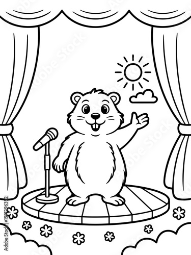 Groundhog's Showtime: An adorable groundhog waves from a stage, illuminated by the sun and ready to share a special message or announce a performance.