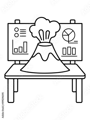 Volcano presentation: Illustration showing a volcano eruption with charts in the background, a graphic to explain volcano eruption processes 