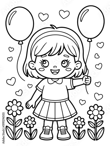 Joyful Girl with Balloons: A sweet girl, surrounded by flowers and hearts, cheerfully holds two balloons. A playful and enchanting illustration perfect for children's projects.
