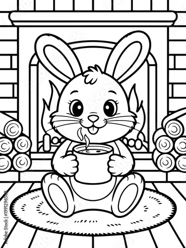 Cozy Bunny with Warm Drink: An adorable bunny cuddles up with a warm mug in front of a cozy fireplace. It's the perfect scene to create a feeling of comfort and contentment.