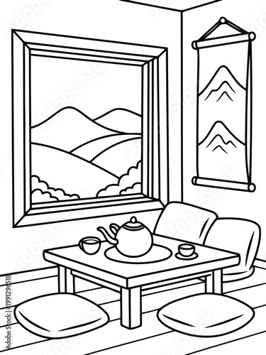 Zen Retreat:  A tranquil interior presents a serene scene with a low table, teaware, and a panoramic view, designed to evoke a sense of calm and contemplation.
