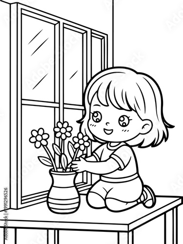 Girl Arranging Flowers: A delightful illustration showcases a young girl, deeply absorbed in the gentle art of arranging vibrant flowers in a vase, creating a serene ambiance by a sunlit window.