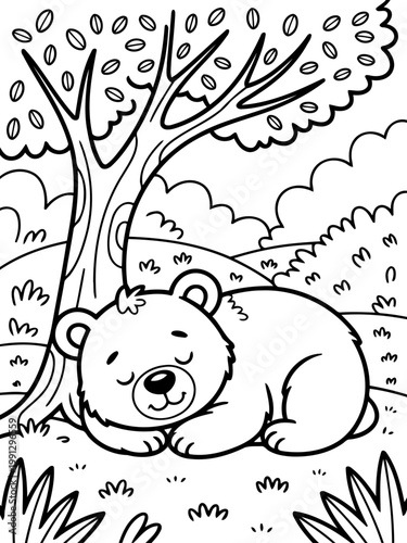 Cozy Slumber: A peaceful scene of a bear sleeping soundly beneath a large tree, showcasing the quiet solitude of nature and rest.