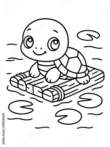 The Cute Turtle's Raft: A charming outline image of a smiling turtle peacefully drifting on a wooden raft amidst lily pads, creating a tranquil scene.