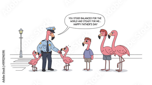 Father's Day with Flamingo Family: A heartwarming illustration of a flamingo family celebrating Father's Day, with a special touch of appreciation for the father's steadfastness.