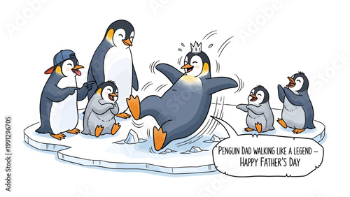 Penguin Family Celebration: Playful penguins engage in a heartwarming Father's Day scene, with a king penguin joyfully dancing, evoking happiness and familial love.