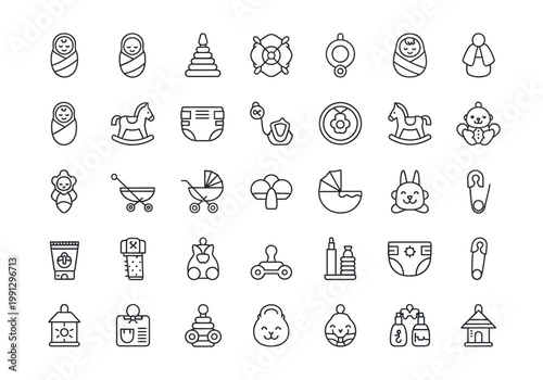 Minimalist Baby Care and Newborn Essentials Vector Line Icons - Collection of Childhood, Nursery, and Parenting Symbols