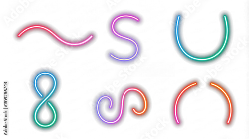 Obraz na plátně Diverse glowing neon abstract lines and curvilinear shapes set, isolated on transparent background