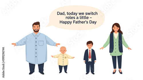 Family Switch Roles: A heartwarming illustration captures a family's Father's Day celebration, with each member playfully adopting different roles. The scene evokes a sense of love, togetherness.