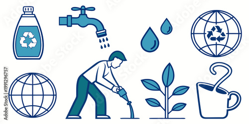 Ecological sustainability and environmental conservation concept featuring a man watering a plant with recycled water saving resources environment sustainability conservation recycling resource
