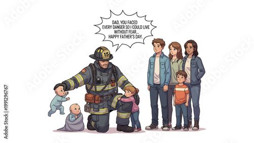 Heroic Firefighter's Day: A touching illustration portrays a firefighter, surrounded by the loving embrace of family, signifying a celebration of bravery and paternal devotion. 