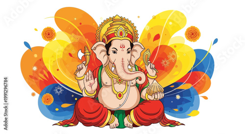 Lord Ganesha seated in meditation, vibrant abstract background, Hindu deity, spiritual, festive