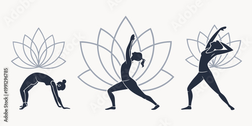 Set of yoga silhouettes in various poses with lotus flower backgrounds silhouette wellness meditation exercise stretching lifestyle flexible mindfulness practice spirituality activity