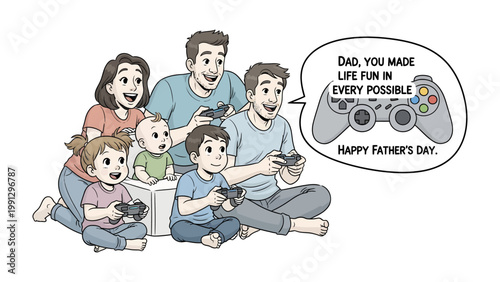 Father's Day Game Night: A heartwarming scene unfolds as a family shares a Father's Day game night, fostering joy and connection. A speech bubble captures the sentiment.