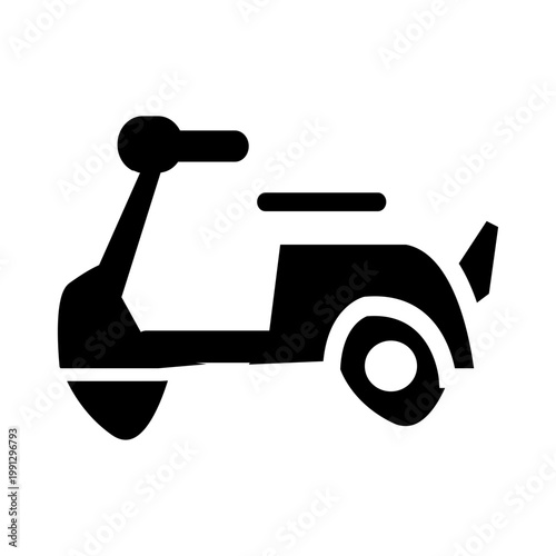 Simple flat scooter icon isolated on white background. Modern delivery motorcycle symbol suitable for transportation, courier service, ride sharing, urban mobility, and logistics app theme.