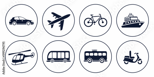 Set of eight transportation silhouette icons in circles with transportation vehicles shipping logistics silhouette airplane helicopter collection isolated illustration application business