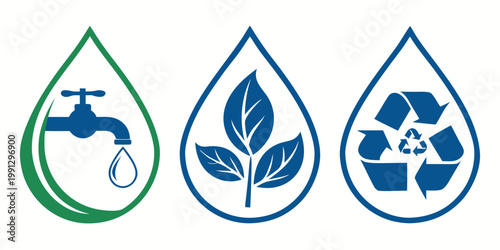Sustainability concept water drop icons with sustainability environment recycling conservation resource protection illustration collection environmental renewable management purification